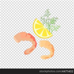 Shrimps Variations Vector Illustration. Shrimps patterns in colour and monochrome variants. Seafood concept icons in flat style design. Vector illustration prepared with lemon and herbs sea shrimp.