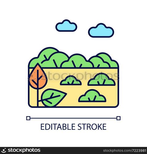 Shrubland RGB color icon. Scrubland. Bush and short tree growing area. Land type with shrub. Bushwood rocky terrain. Isolated vector illustration. Simple filled line drawing. Editable stroke. Shrubland RGB color icon