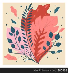 Shrubs with red leaves, blooming flowers and lush foliage. Growth of botany, decorative ornaments of frond. Twigs and branches of bushes, herbal creeper, landscape design. Vector in flat style. Decorative foliage and flora, blooming flowers and leaves