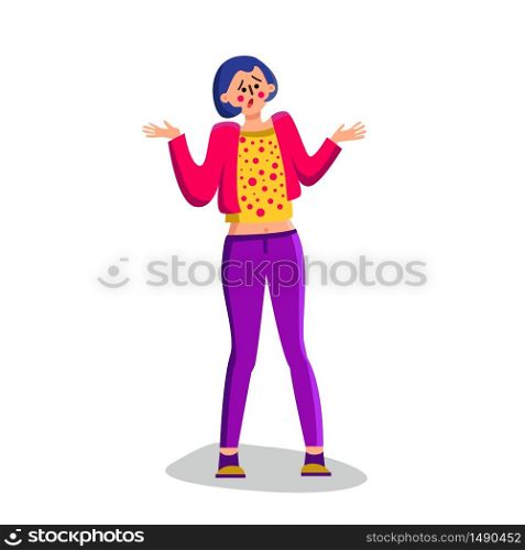 Shrugging Shoulders Confused Young Woman Vector. Confusion Pensive Unsure Girl Shrugging, Expression, Gesture And Reaction. Uncertainty Surprised Character Shrug Flat Cartoon Illustration. Shrugging Shoulders Confused Young Woman Vector Illustration