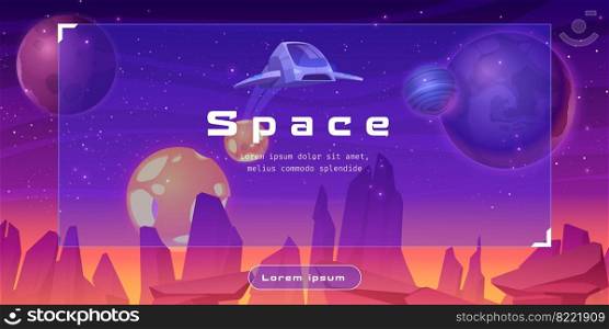 Shuttle in space cartoon web banner with spaceship fly over alien planet surface with rocks. Travel in universe, galaxy explore futuristic technology, cosmic interstellar adventure Vector illustration. Shuttle in space cartoon web banner with spaceship