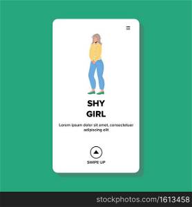Shy Girl, Symptom Inability To Socialize Vector. White Hair Shy Girl Wearing Modest Clothes Staying Alone. Ashamed And Embarrassed Pretty Character Woman Web Flat Cartoon Illustration. Shy Girl, Symptom Inability To Socialize Vector