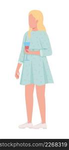 Shy lady holding drink semi flat color vector character. Standing figure. Full body person on white. Woman in yellow dress simple cartoon style illustration for web graphic design and animation. Shy lady holding drink semi flat color vector character