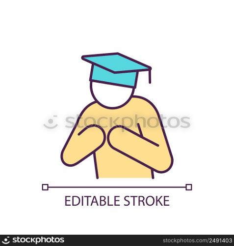 Shying graduate with mortar board RGB color icon. Unconfidence feeling after college graduation. Isolated vector illustration. Simple filled line drawing. Editable stroke. Arial font used. Shying graduate with mortar board RGB color icon