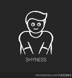 Shyness chalk white icon on black background. Person feeling awkward. Man embarrassed. Social anxiety. Low self esteem. Worry and doubt. Avoid eye contact. Isolated vector chalkboard illustration. Shyness chalk white icon on black background