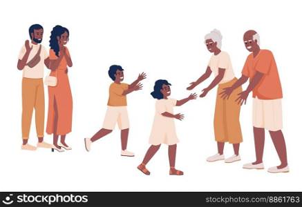Siblings visiting grandparents for weekend semi flat color vector characters. Editable figures. Full body people on white. Simple cartoon style illustration for web graphic design and animation. Siblings visiting grandparents for weekend semi flat color vector characters
