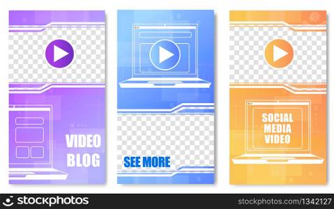 Sicial Media Video Blog Set of Templates Vector Illustration. Popular Videoblogger with Influence on Audience. Laptop with Information in Screen. Live Video Streaming Banners. See more.