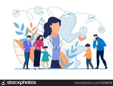 Sick Adult People and Kids at Family Doctor Appointment. Parents and Children Suffering from Cough, Runny Nose. Cold, Infection, Flu Symptoms. Cartoon Metaphors. Vector Medical Illustration. Sick People and Kids at Family Doctor Appointment