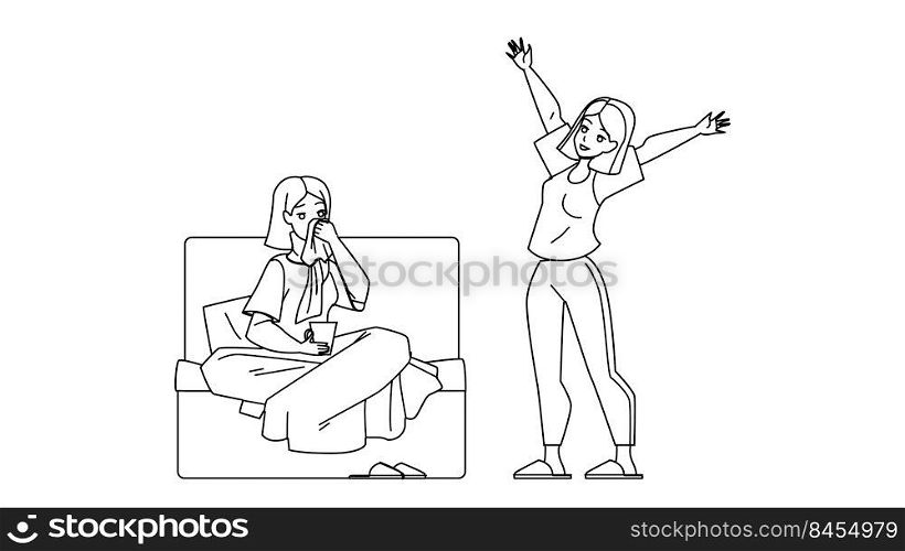 Sick And Healthy Girl Happiness After Ill Vector. Sickness Lady Sitting On Sofa And Treatment Disease, Healthy Happy Woman Enjoying Health And Life. Characters black line illustration. Sick And Healthy Girl Happiness After Ill Vector