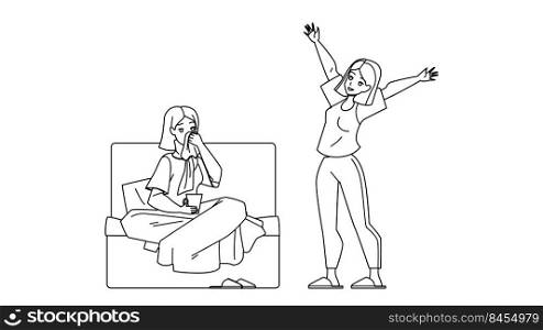 Sick And Healthy Girl Happiness After Ill Vector. Sickness Lady Sitting On Sofa And Treatment Disease, Healthy Happy Woman Enjoying Health And Life. Characters black line illustration. Sick And Healthy Girl Happiness After Ill Vector