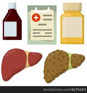 Sick and healthy liver. Cirrhosis and obesity of internal organ. Medicine and packaging with tablet. Paper file document diagnosis. hospital and health element. Cartoon flat illustration. Healthy and diseased liver.