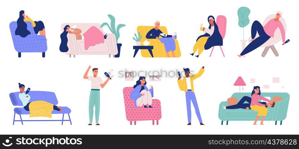 Sick and recovered people, person with flu or cold symptoms at home. Flu, virus symptoms, characters with fever disease vector illustration set. Adults having influenza, taking temperature. Sick and recovered people, person with flu or cold symptoms at home. Flu, virus symptoms, characters with fever disease vector illustration set. Adults having influenza