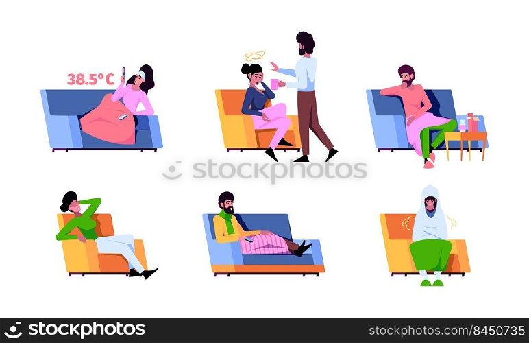 Sick and recovering people. Flu persons on sofa family care for sickness character flu medication coldness symptom garish vector flat illustrations. Flu person, sick and ill. Sick and recovering people. Flu persons on sofa family care for sickness character flu medication coldness symptom garish vector flat illustrations
