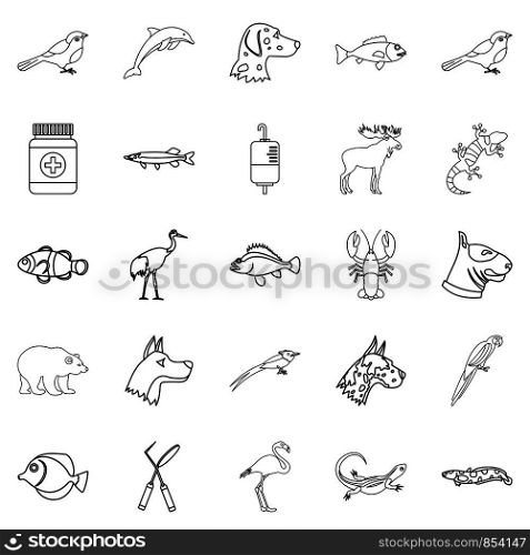 Sick animal icons set. Outline set of 25 sick animal vector icons for web isolated on white background. Sick animal icons set, outline style