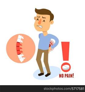 Sick back pain male person character with pill vector illustration