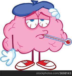 Sick Brain Cartoon Character With Thermometer