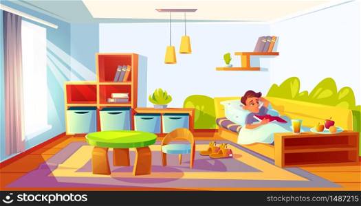 Sick child with fever in bed with thermometer in mouth. Diseased boy feel so bad got influenza relaxing in bedroom with book in hands and intact meal. Cold symptom, illness cartoon vector illustration. Sick child with fever in bed with thermometer