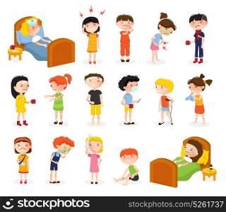 Sick Children Doodle Set. Cartoon sick boy and girl set of isolated doodle style teenager characters suffering from various diseases vector illustration