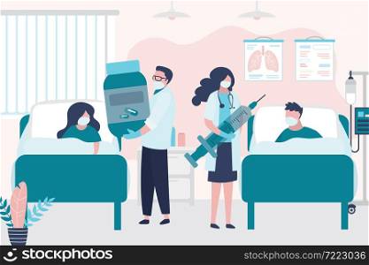 Sick humans lies in beds at hospital. Room in clinic. Medical staff in protective uniform and infected patients. Health care and aid. Doctors with antibiotics and syringe. Trendy vector illustration. Sick humans lies in beds at hospital. Room in clinic. Medical staff in protective uniform and infected patients. Health care and aid
