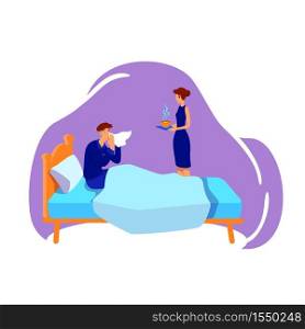Sick husband and caring wife flat color vector faceless characters. Ill man rest in bed. Flu infection. Disease treatment isolated cartoon illustration for web graphic design and animation. Sick husband and caring wife flat color vector faceless characters