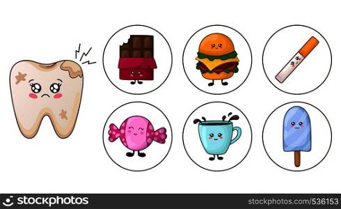 Sick kawaii tooth with caries and bloom and junk food - chocolate, coffee, sweets, burger, bad habits - smoking. The concept of dental care and hygiene, prevention of dental diseases. Vector flat. kawaii dental care