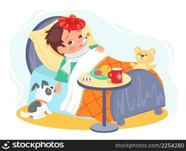 Sick kid in bed. Ill little boy in bed with thermometer in mouth, puppy licks hand, colds and flu, treatment and recovery, unhealthy character with fever, vector cartoon flat style isolated concept. Sick kid in bed. Ill little boy in bed with thermometer in mouth, puppy licks hand, colds and flu, treatment and recovery, unhealthy character with fever, vector concept