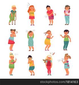 Sick kids. Children with headaches, little kid ill. Child sneezing, sickness disease or flu. Isolated unhealthy boy girl vector characters. Illustration kid illness with headache and sick children. Sick kids. Children with headaches, little kid ill. Child sneezing, sickness disease or flu. Isolated unhealthy boy girl vector characters