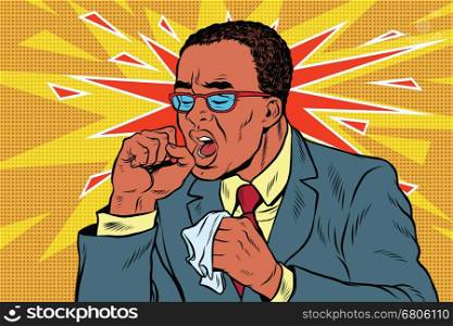 Sick man coughing. Pop art retro vector illustration. medicine and health care. The symptoms of the disease. African American people. Sick man coughing