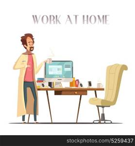 Sick Man Home Retro Cartoon Image. Sick feverish man with thermometer works at home laptop in pajama and bathrobe retro cartoon vector illustration