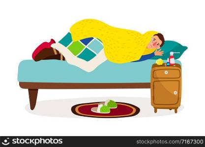 Sick man in bed. Vector cold fever ill character with sickness infectious disease, flu person at home with measuring thermometer on white background. Sick man in bed. Vector cold fever ill character with sickness infectious disease, flu person at home with measuring thermometer