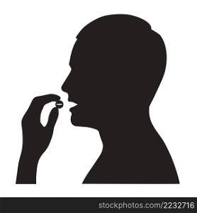 Sick man taking a pill in to her mouth. male holds a pill in her hand and take it. Medication treatment, pharmacy and medicine, concept vector illustration. Sick man takes a pill or supplement or vitamin. Vector flat illustration