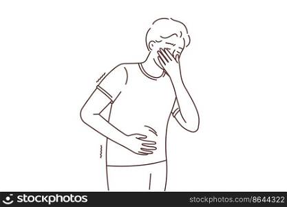 Sick man touching belly suffering from food poisoning. Unhealthy guy struggle with stomachache or nausea. Healthcare concept. Vector illustration. . Unhealthy man struggle with stomachache 