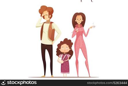 Sick Mother With Flu Cartoon Illustration . Sick mother in lounge wear with flu home with troubled husband and injured daughter cartoon vector illustration