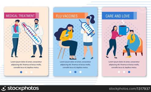 Sick People and Doctor Character. Mobile Landing Page Set Offering Medical Treatment and Flu Shot Vaccines, Promoting Care and Love for Person Having Cold. Vector Trendy Flat Illustration. Mobile Landing Page Set with Sick People Character