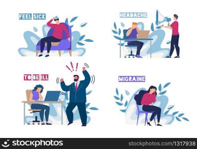 Sick People Characters Feeling Unwell on Workplace Flat Set. Man Woman Suffering from Migraine, Headache and Angry Arguing Boss. Sickness and Illness. Foliage Design. Vector Cartoon Illustration. Sick People Feeling Unwell on Workplace Flat Set