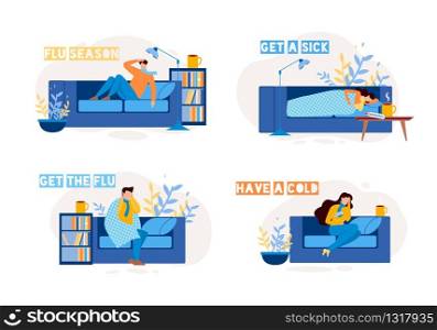 Sick People Characters on Sofa Flat Set. Man and Woman Have Cold, Suffering from Flu, Influenza, Infection and High Body Temperature. Home Interior. Illness and Sickness. Vector Illustration. Sick People Characters with Flu at Home Flat Set