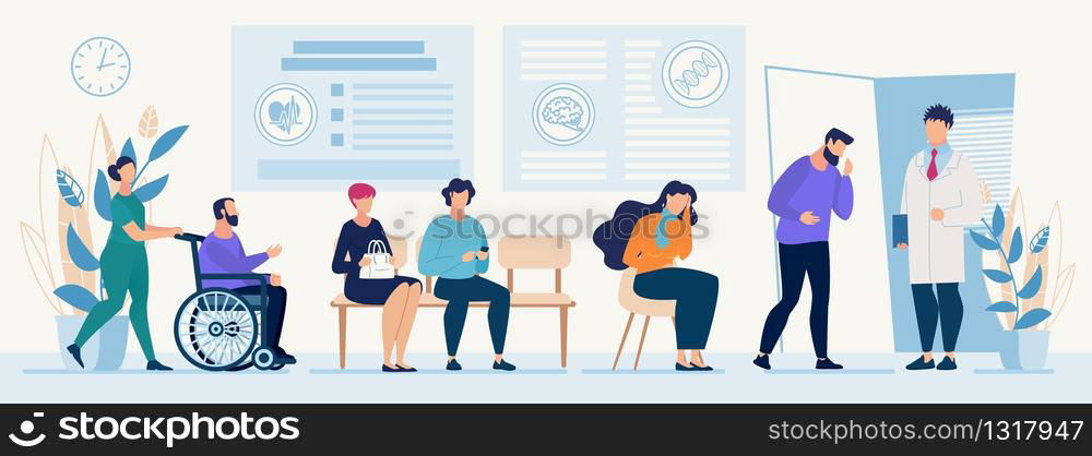 Sick People Characters Queue with Flu Symptoms, Coughing at Doctors Office in Hospital. Nurse Strolling Patient Sitting in Wheelchair. Ambulatory Hallway Interior. Vector Trendy Flat Illustration. Sick People Queue at Doctors Office in Hospital