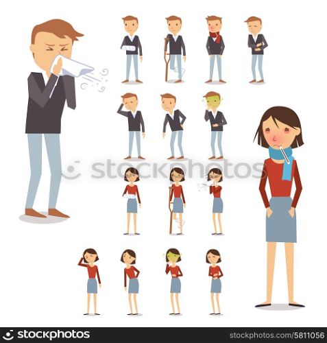 Sick people characters set with men and women coughing blowing sneezing isolated vector illustration. Sick People Set