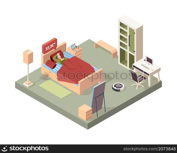 Sick people in bed. Flu character sneezing bad symptoms garish vector isometric interior concept. Illustration sick in bed, ill man, disease character. Sick people in bed. Flu character sneezing bad symptoms garish vector isometric interior concept