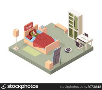 Sick people in bed. Flu character sneezing bad symptoms garish vector isometric interior concept. Illustration sick in bed, ill man, disease character. Sick people in bed. Flu character sneezing bad symptoms garish vector isometric interior concept