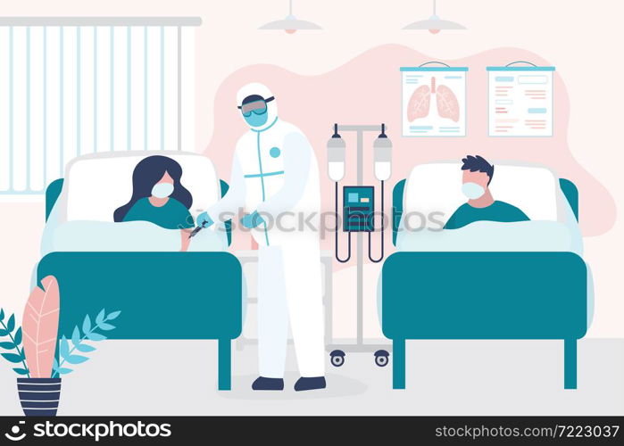 Sick people lies in bed at hospital. Room in clinic. Medical staff in protective uniform and infected patients. Health care and aid. Viral infection, coronavirus pandemic. Trendy vector illustration. Sick people lies in bed at hospital. Room in clinic. Medical staff in protective uniform and infected patients.