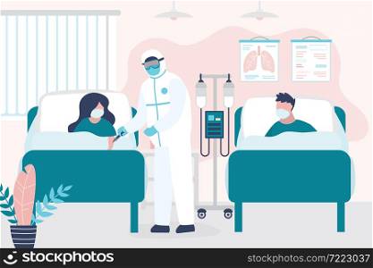 Sick people lies in bed at hospital. Room in clinic. Medical staff in protective uniform and infected patients. Health care and aid. Viral infection, coronavirus pandemic. Trendy vector illustration. Sick people lies in bed at hospital. Room in clinic. Medical staff in protective uniform and infected patients.
