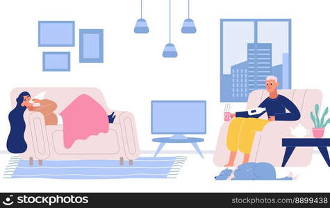 Sick people suffering from flu, cold at home. Woman lying on sofa under blanket, man sitting in armchair drinking hot tea and taking temperature. Couple having virus, recovering vector. Sick people suffering from flu, cold at home. Woman lying on sofa under blanket, man sitting in armchair drinking hot tea