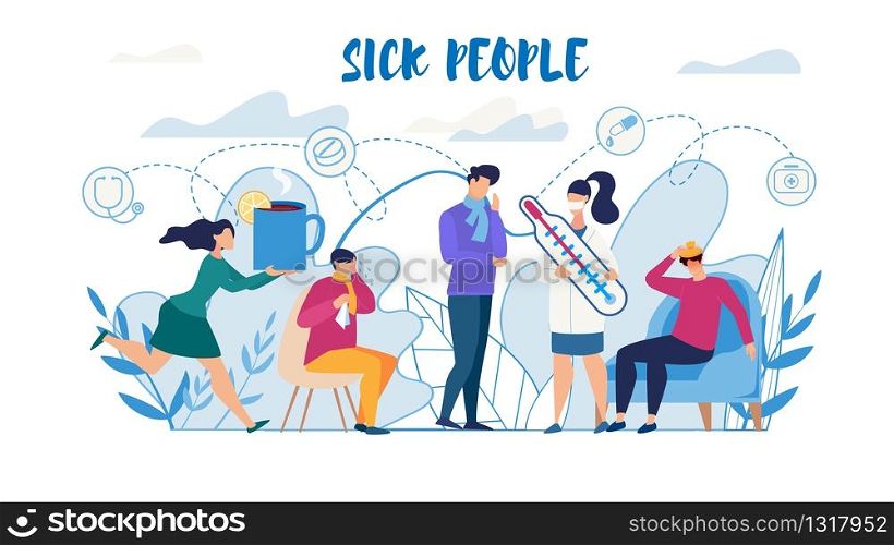 Sick People Suffering from Flu Need Help Flat Poster. Man and Woman Characters Feeling Unwell, Having Cold, High Temperature. Cough, Running Nose, Headache Symptoms. Vector Cartoon Illustration. Sick People Suffering from Flu Need Help Poster