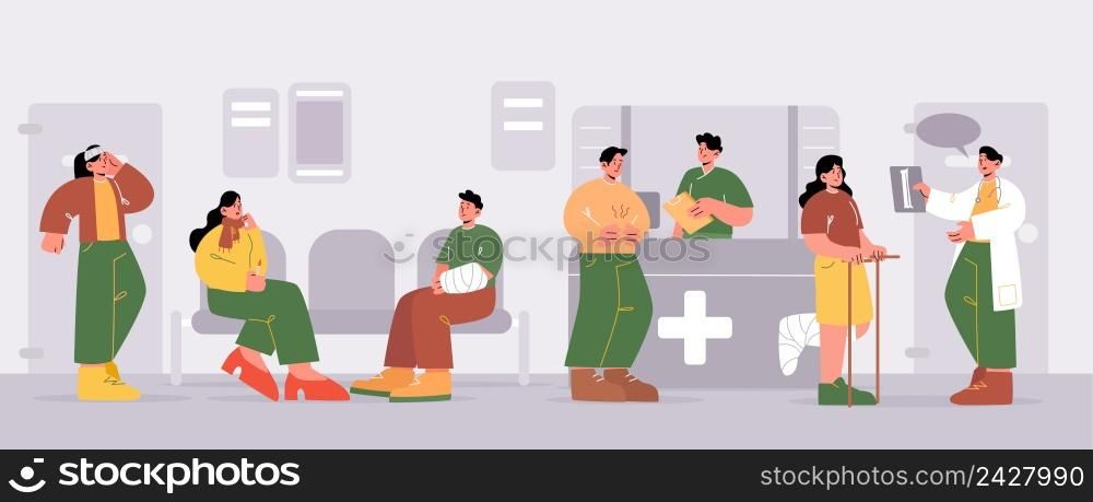 Sick people waiting in hospital hall. Characters with flu, injury, and stomach ache in queue. Vector cartoon illustration of medical clinic reception interior with doctor and patients. Sick people waiting in hospital hall
