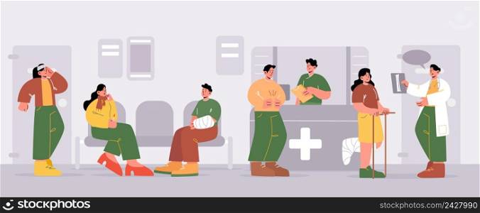 Sick people waiting in hospital hall. Characters with flu, injury, and stomach ache in queue. Vector cartoon illustration of medical clinic reception interior with doctor and patients. Sick people waiting in hospital hall