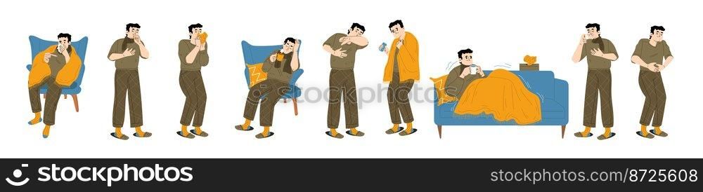 Sick person, ill character with cold, flu, allergy, headache, stomachache and throat pain. Sad man with influenza symptoms cough and sneeze, vector hand drawn illustration. Sick person, ill character with cold, flu