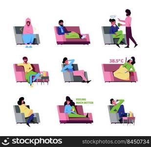 Sick persons. Recreation processes of sickness people recovering characters of flu man on sofa garish vector colored concept pictures. Illustration of people sick and disease, recover and rested. Sick persons. Recreation processes of sickness people recovering characters of flu man on sofa garish vector colored concept pictures