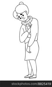 Sick sad pensioner woman with thermometer. Vector illustration. Outline drawing. Female character sickness and malaise