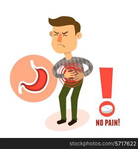 Sick stomach ache male person character with pill vector illustration